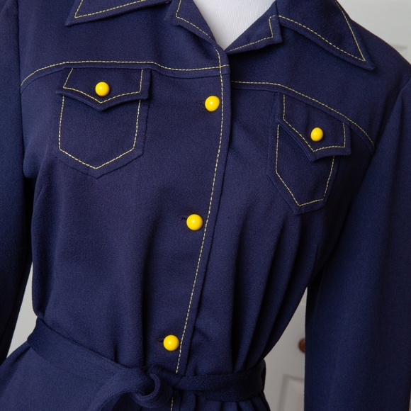 Vintage 70s Blue Leisure Jacket Shirt Blazer Button Down Pockets Polyester S/M - Picture 3 of 14